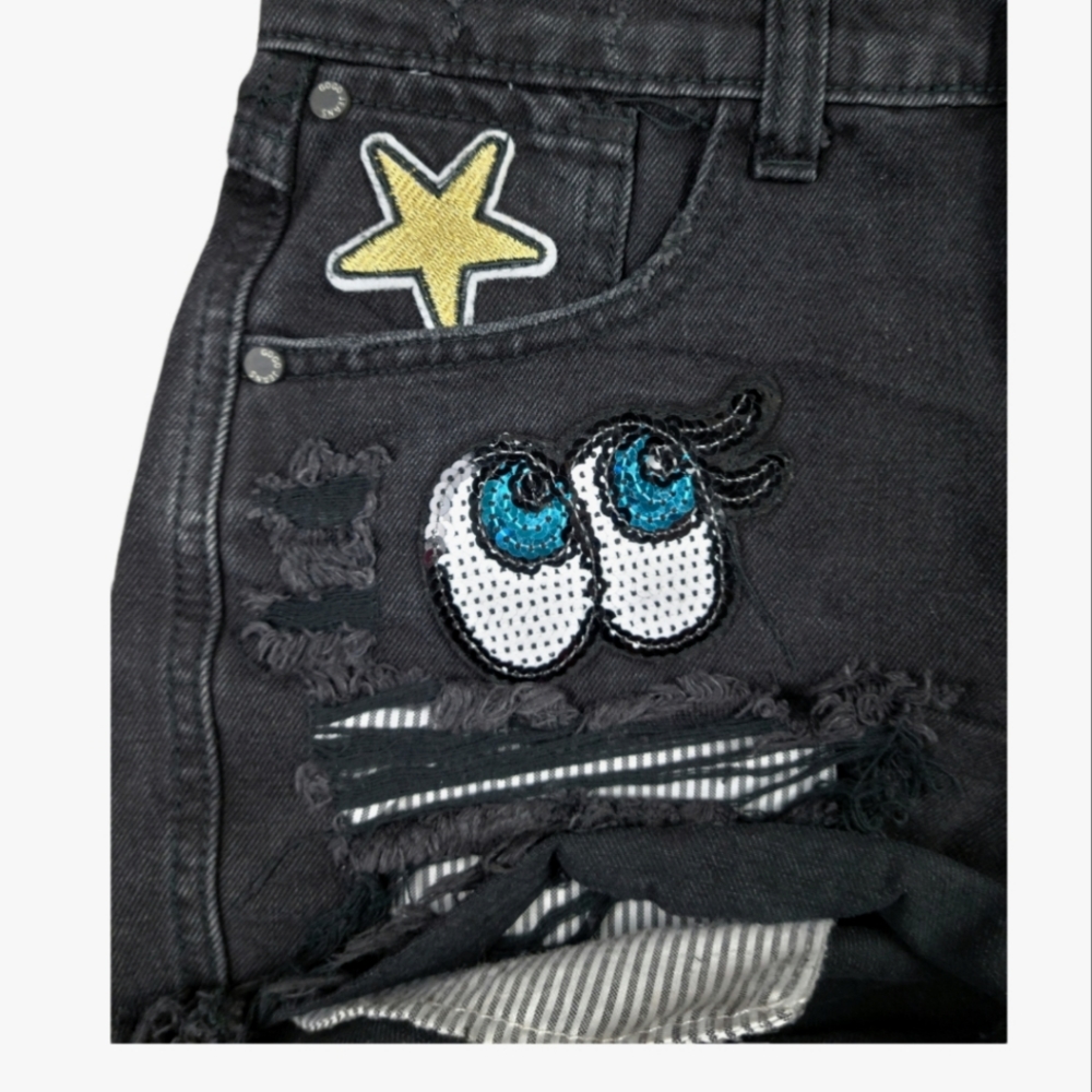GoGo Jeans USA Cut Off Denim Shorts Size 1 High Rise Black Distressed Patches - Picture 5 of 9